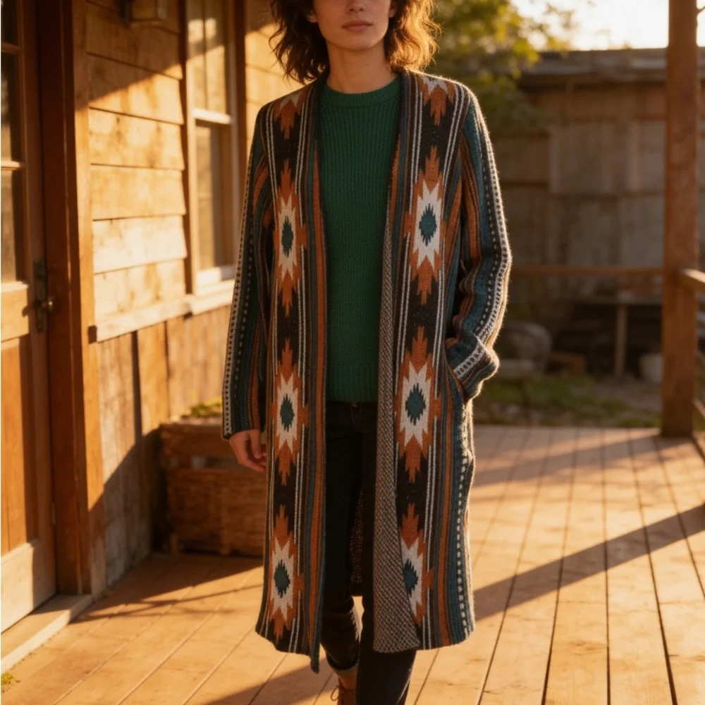 Open-Front Southwestern Pattern Long Cardigan Sweater - Teal, Rust, Cream - Picture 9 of 10